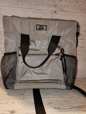 Steve Madden Silver Nylon Utility Tote Bag | Lightweight Multi-Pocket Shoulder B